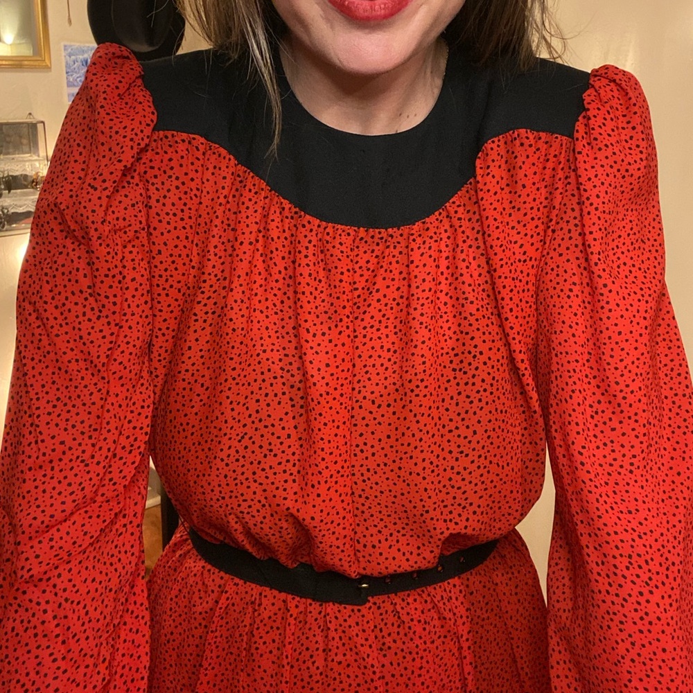 Vintage red dress with black polkadot shapes